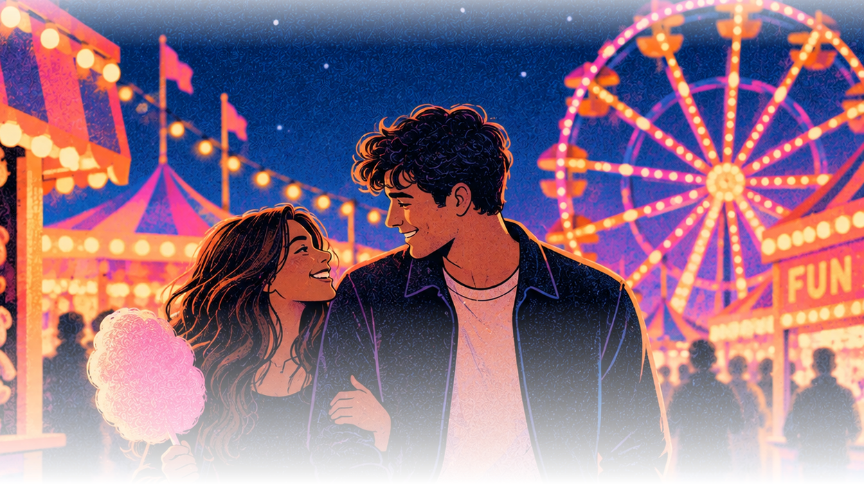 Two people walking a lit-up carnival midway at night