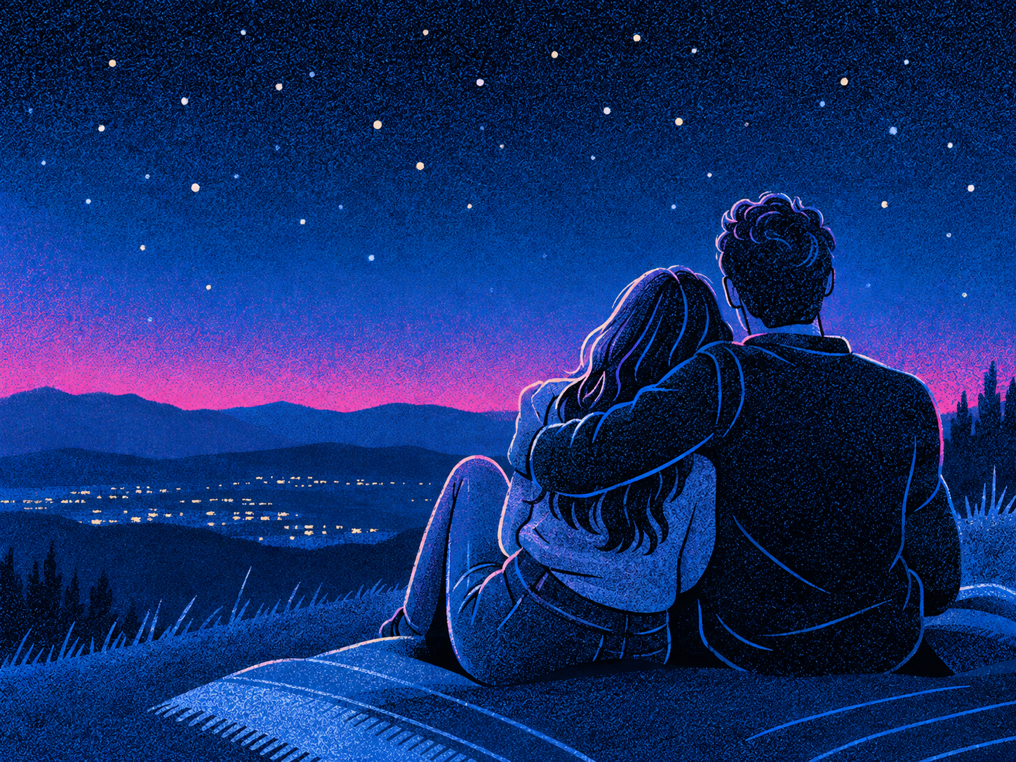 A couple sitting on a car hood watching the valley lights under a starry sky